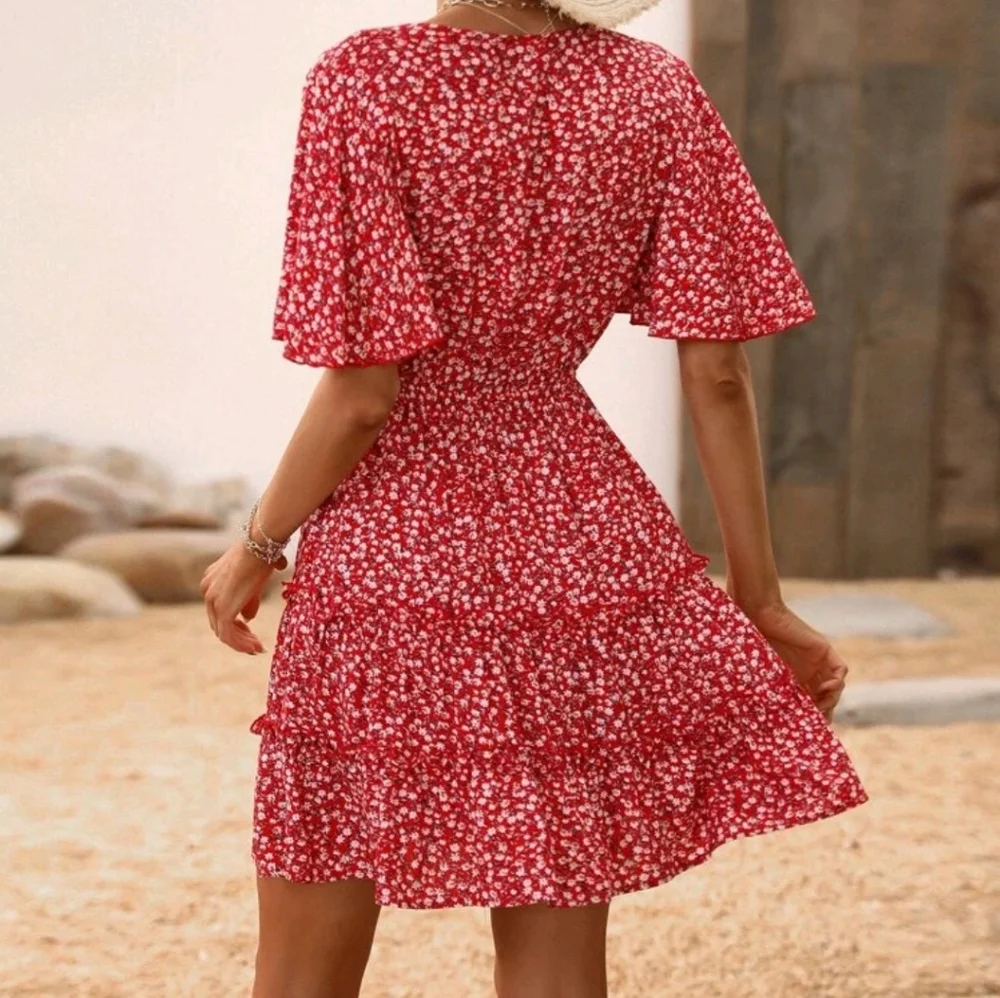 New Boho Flowy Mini Floral Tiered Dress Red White - Picture 4 of 8